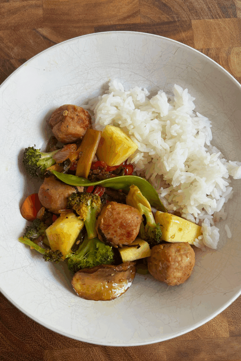 15 Minute Trader Joe's Recipe - Soyaki Pineapple Teriyaki Chicken Meatballs with Stir-fry Veggies and Rice